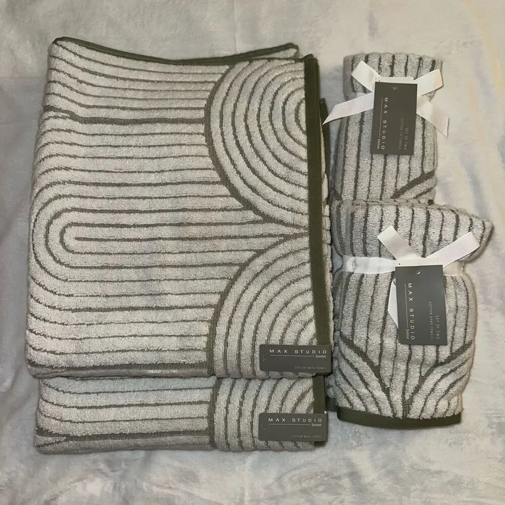 Max Studio Bath Towel Set Sage Green White Abstract 6 Pieces NWT